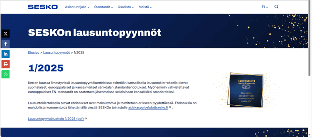 Seuraa julkaistavia standardeja lausuntopyyntöluettelon avulla